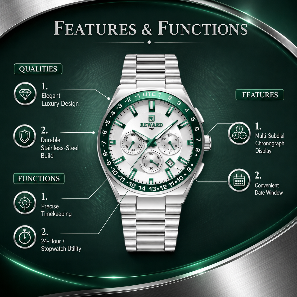 REWARD VIP Stainless Steel GMT Chronograph Watch for Men