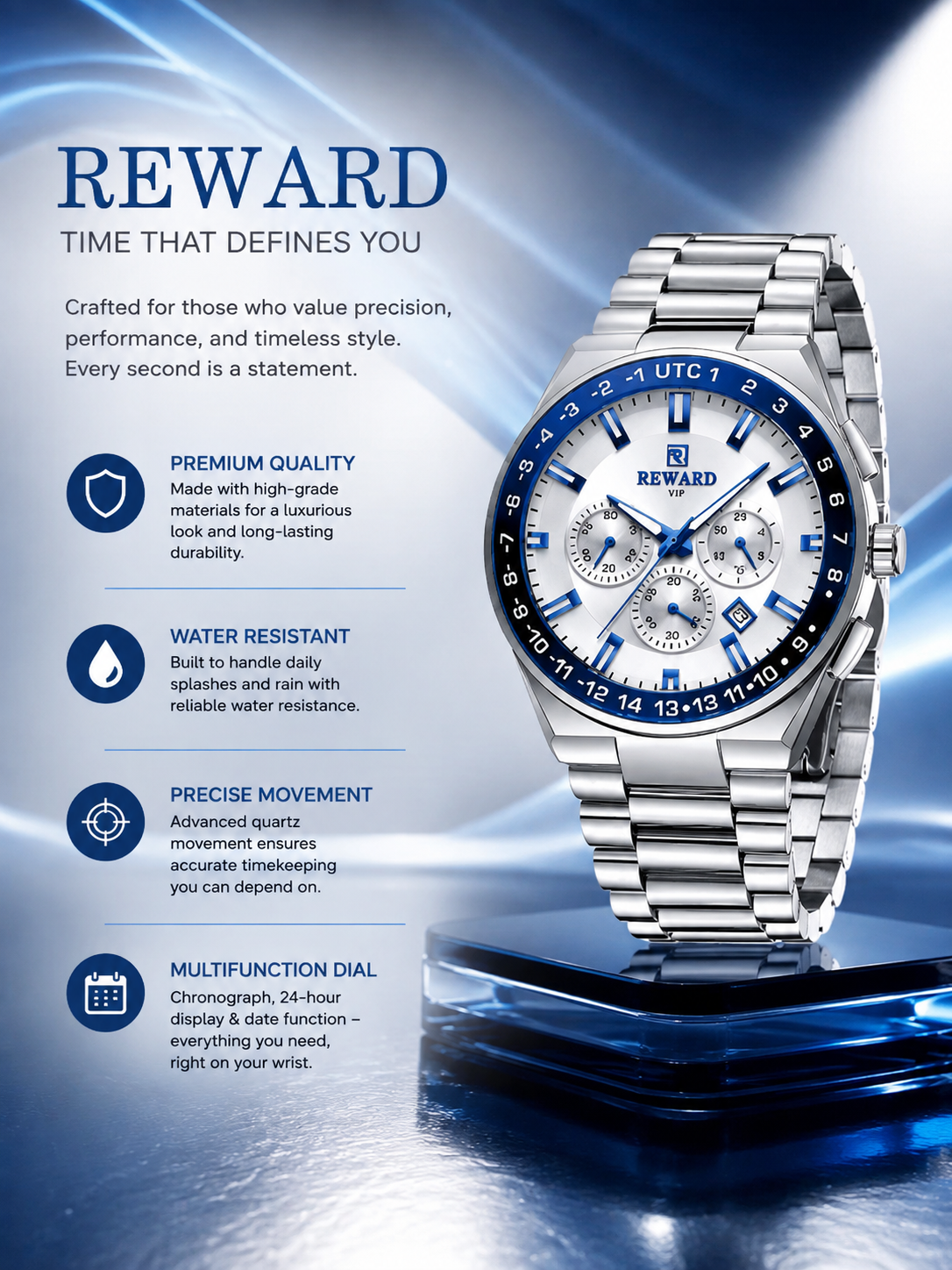REWARD VIP Stainless Steel GMT Chronograph Watch for Men