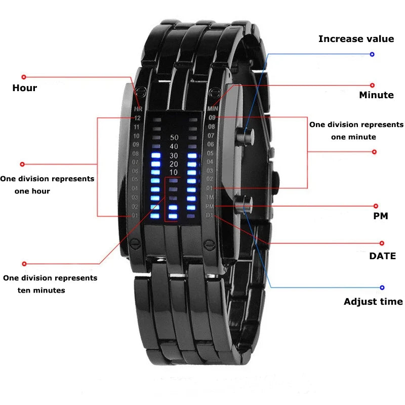 Men Watch 50m Waterproof Lava Watch Double Row Lamp Led Watch Male Fashion Steel Band Electronic Sport Watch Relogios Masculino