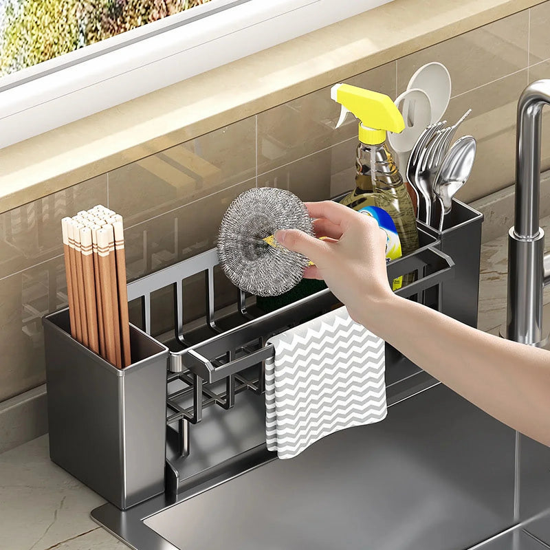 Kitchen Sink Organiser,Kitchen Sink Sponge Holder With Brush Holder,Rag Drain Rack,  Bathroom Organizer, Sink Faucet Sink Ra detail view