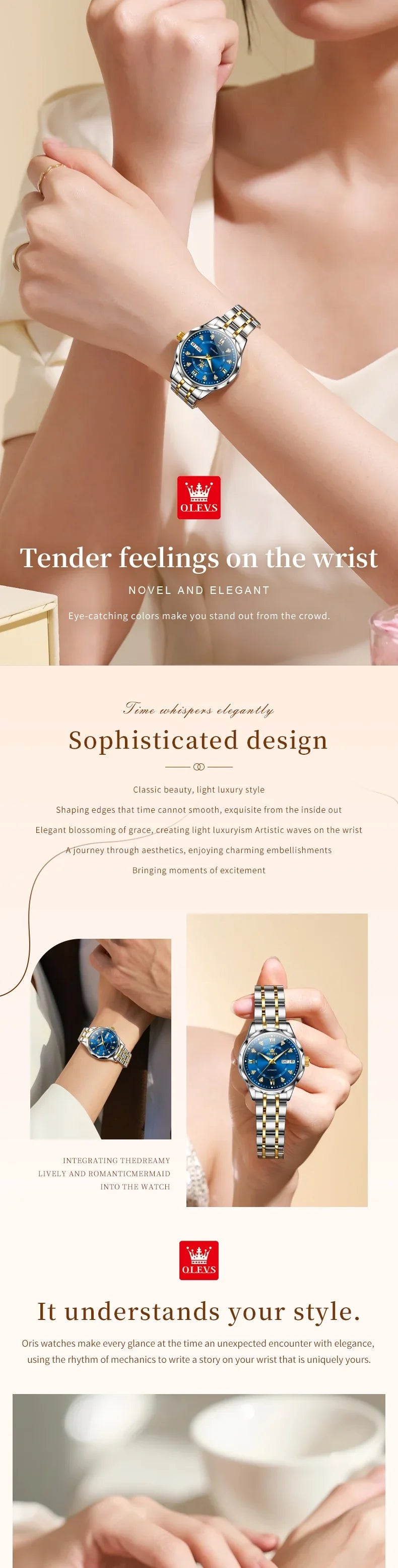 OLEVS 6727 Luxury Women Watch Brand Original All Automatic Mechanical Watch Roman Diamond Double Calendar Waterproof Women Watch
