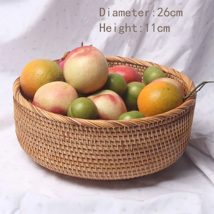 HEMU-Round Rattan Woven Basket, Wicker Fruit Basket, Bread Food, Kitchen Home Decor Organizer