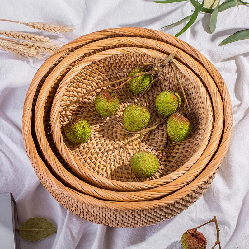 HEMU-Round Rattan Woven Basket, Wicker Fruit Basket, Bread Food, Kitchen Home Decor Organizer detail view