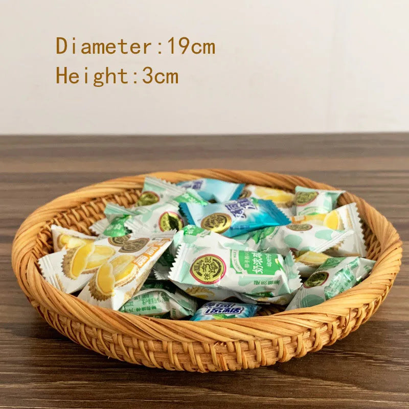HEMU-Round Rattan Woven Basket, Wicker Fruit Basket, Bread Food, Kitchen Home Decor Organizer