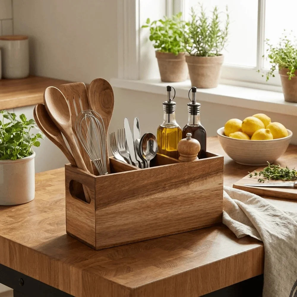 Kitchen Tools Wooden Utensil Organizer 3 Compartment Durable Storage Rack Space Saving Rustic Silverware Storage Box Countertop
