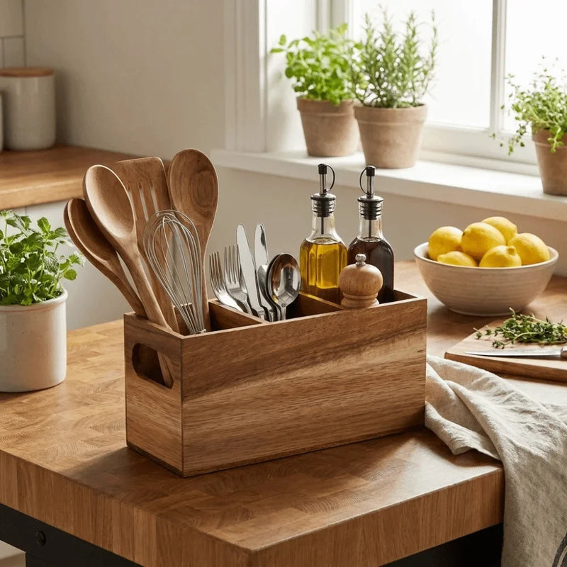 Kitchen Tools Wooden Utensil Organizer 3 Compartment Durable Storage Rack Space Saving Rustic Silverware Storage Box Countertop detail view