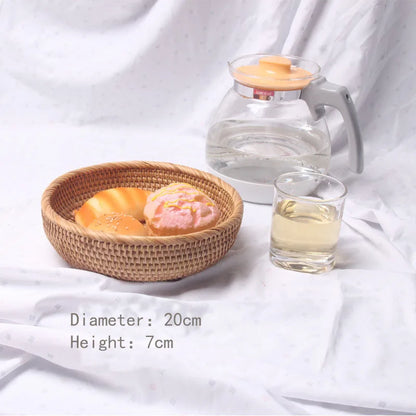 HEMU-Round Rattan Woven Basket, Wicker Fruit Basket, Bread Food, Kitchen Home Decor Organizer