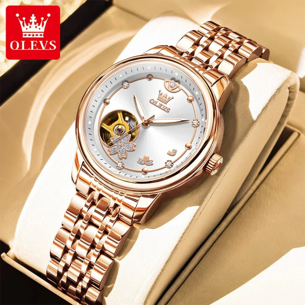 OLEVS 6732 Women Watch Top Luxury Brand All Automatic Mechanical Watch Hollow Diamond Exquisite Dial Dress Bracelet Women Watch