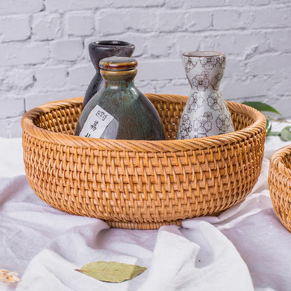 HEMU-Round Rattan Woven Basket, Wicker Fruit Basket, Bread Food, Kitchen Home Decor Organizer