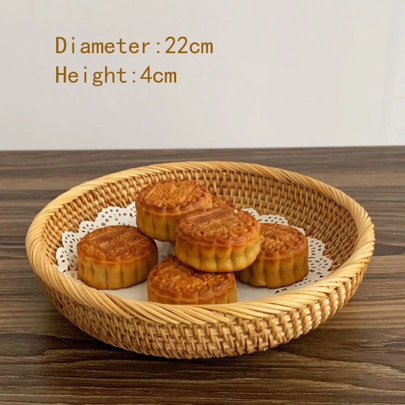 HEMU-Round Rattan Woven Basket, Wicker Fruit Basket, Bread Food, Kitchen Home Decor Organizer