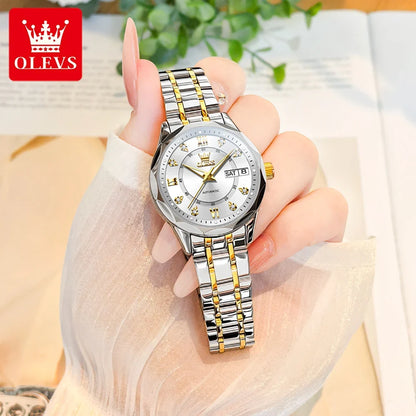 OLEVS 6727 Luxury Women Watch Brand Original All Automatic Mechanical Watch Roman Diamond Double Calendar Waterproof Women Watch
