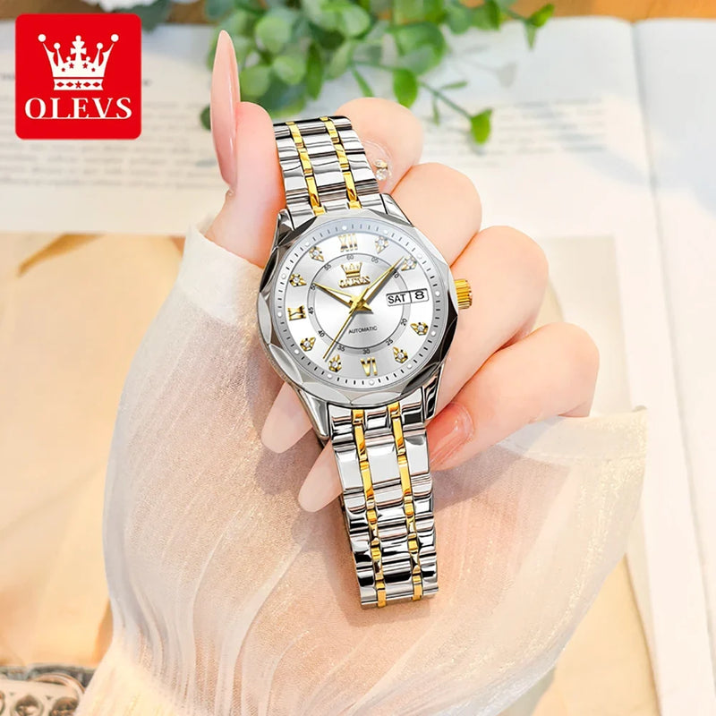 OLEVS 6727 Luxury Women Watch Brand Original All Automatic Mechanical Watch Roman Diamond Double Calendar Waterproof Women Watch detail view