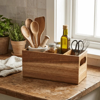 Kitchen Tools Wooden Utensil Organizer 3 Compartment Durable Storage Rack Space Saving Rustic Silverware Storage Box Countertop