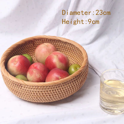HEMU-Round Rattan Woven Basket, Wicker Fruit Basket, Bread Food, Kitchen Home Decor Organizer
