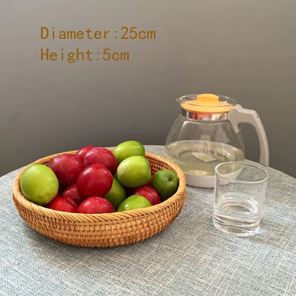 HEMU-Round Rattan Woven Basket, Wicker Fruit Basket, Bread Food, Kitchen Home Decor Organizer