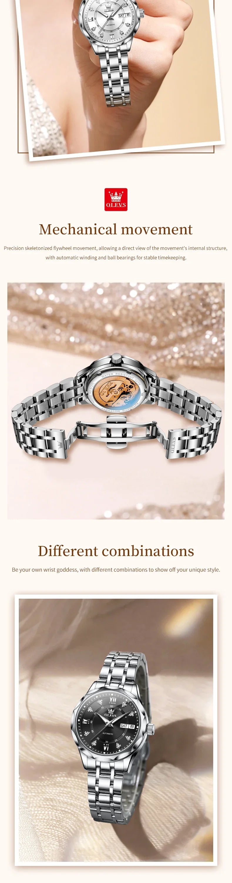 OLEVS 6727 Luxury Women Watch Brand Original All Automatic Mechanical Watch Roman Diamond Double Calendar Waterproof Women Watch
