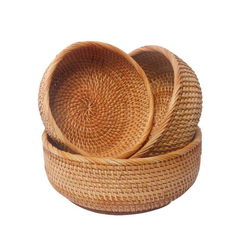 HEMU-Round Rattan Woven Basket, Wicker Fruit Basket, Bread Food, Kitchen Home Decor Organizer