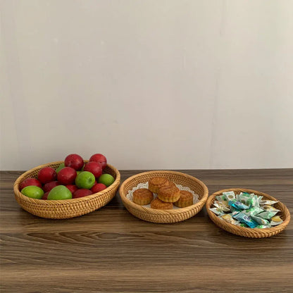 HEMU-Round Rattan Woven Basket, Wicker Fruit Basket, Bread Food, Kitchen Home Decor Organizer