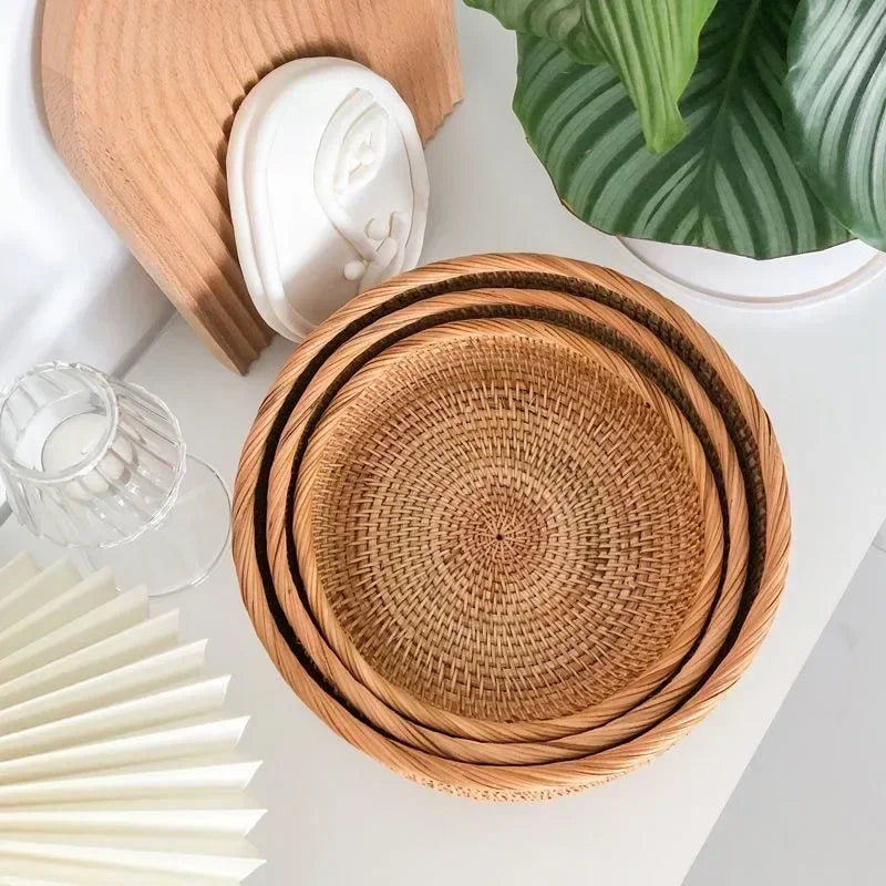 Round Rattan Storage Baskets Set Handwoven Wicker Organizer for Home Decor Kitchen Bathroom Bedroom Decorative Storage Bins detail view