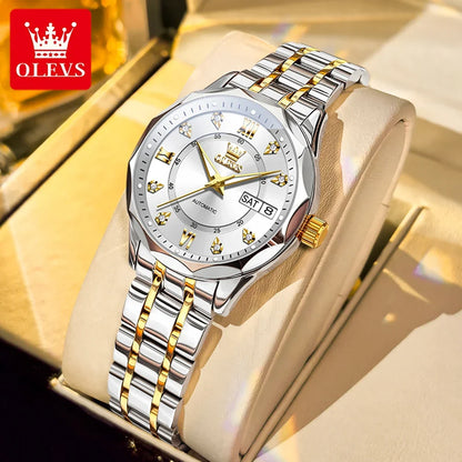 OLEVS 6727 Luxury Women Watch Brand Original All Automatic Mechanical Watch Roman Diamond Double Calendar Waterproof Women Watch