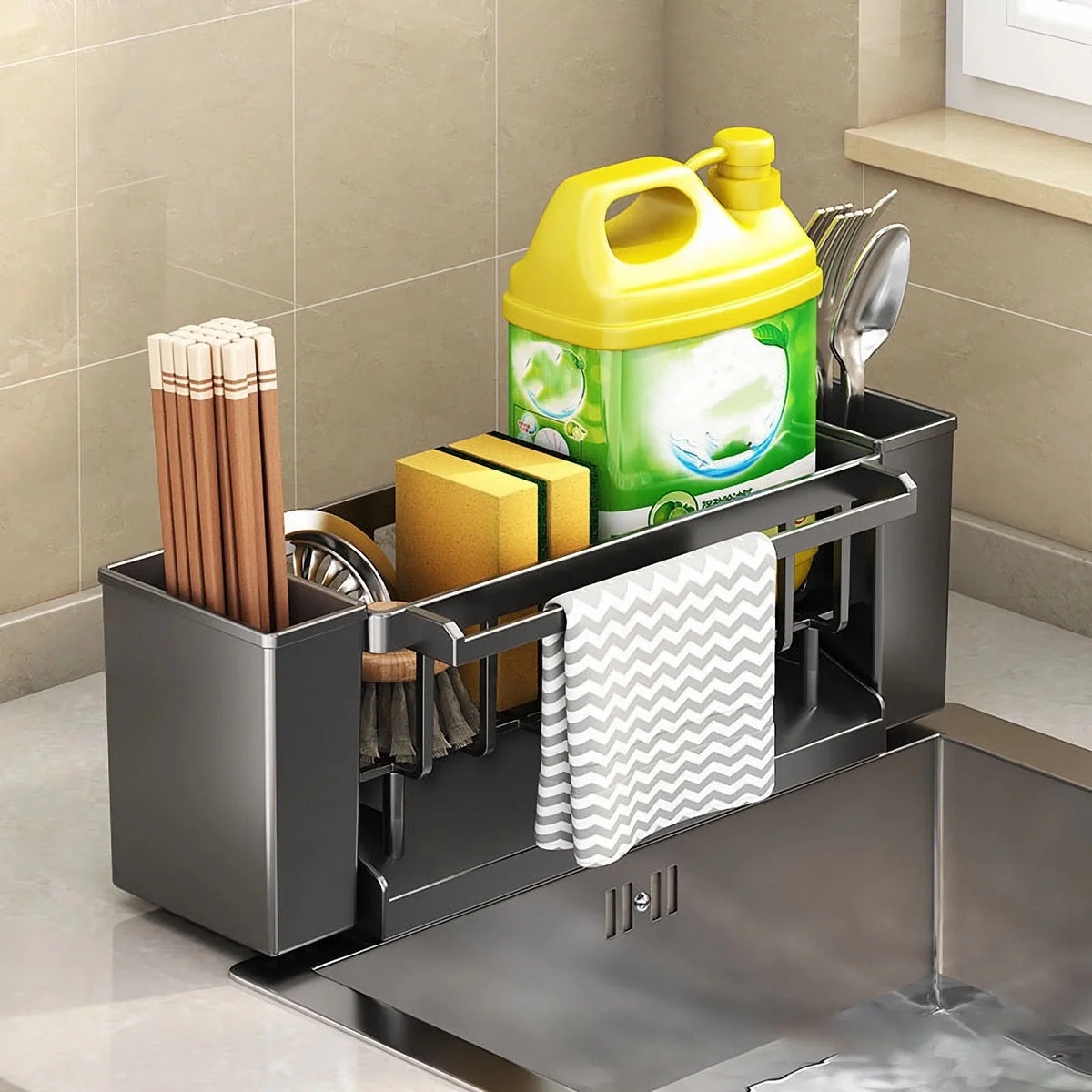 Kitchen Sink Organiser,Kitchen Sink Sponge Holder With Brush Holder,Rag Drain Rack,  Bathroom Organizer, Sink Faucet Sink Ra