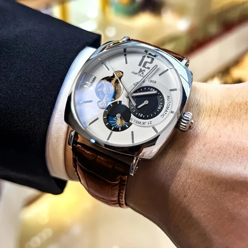[Fashionable Men's Mechanical Watch] a Stylish and Versatile High-Value Vintage Mechanical Watch Featuring a Skeleton Dial, Hollow Design, and Alloy Case - an Elegant Men's Watch Suitable for Both Business and Casual Wear.