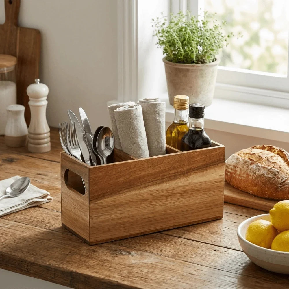 Kitchen Tools Wooden Utensil Organizer 3 Compartment Durable Storage Rack Space Saving Rustic Silverware Storage Box Countertop