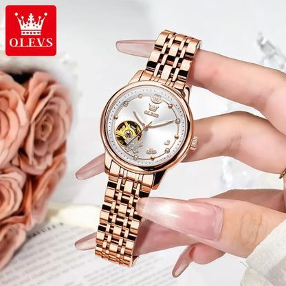 OLEVS 6732 Women Watch Top Luxury Brand All Automatic Mechanical Watch Hollow Diamond Exquisite Dial Dress Bracelet Women Watch