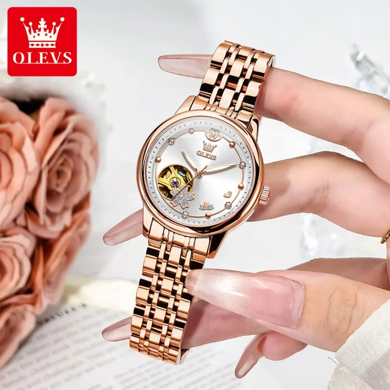 OLEVS 6732 Women Watch Top Luxury Brand All Automatic Mechanical Watch Hollow Diamond Exquisite Dial Dress Bracelet Women Watch detail view